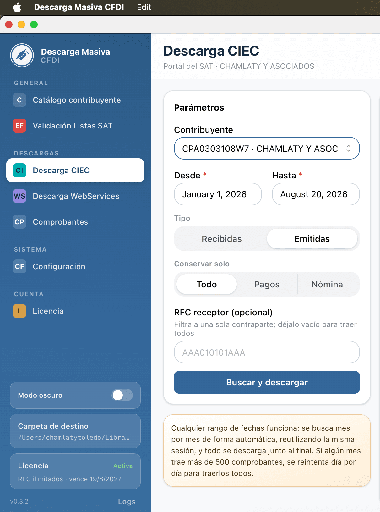 Pantalla de Descarga CIEC del nuevo Descarga Masiva CFDI para Windows y Mac