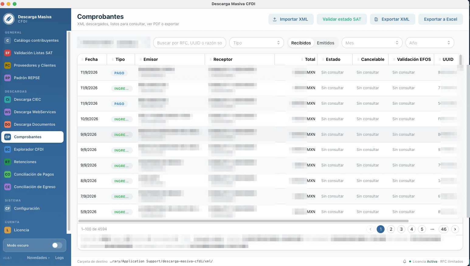 Listado de comprobantes XML descargados, listos para exportar