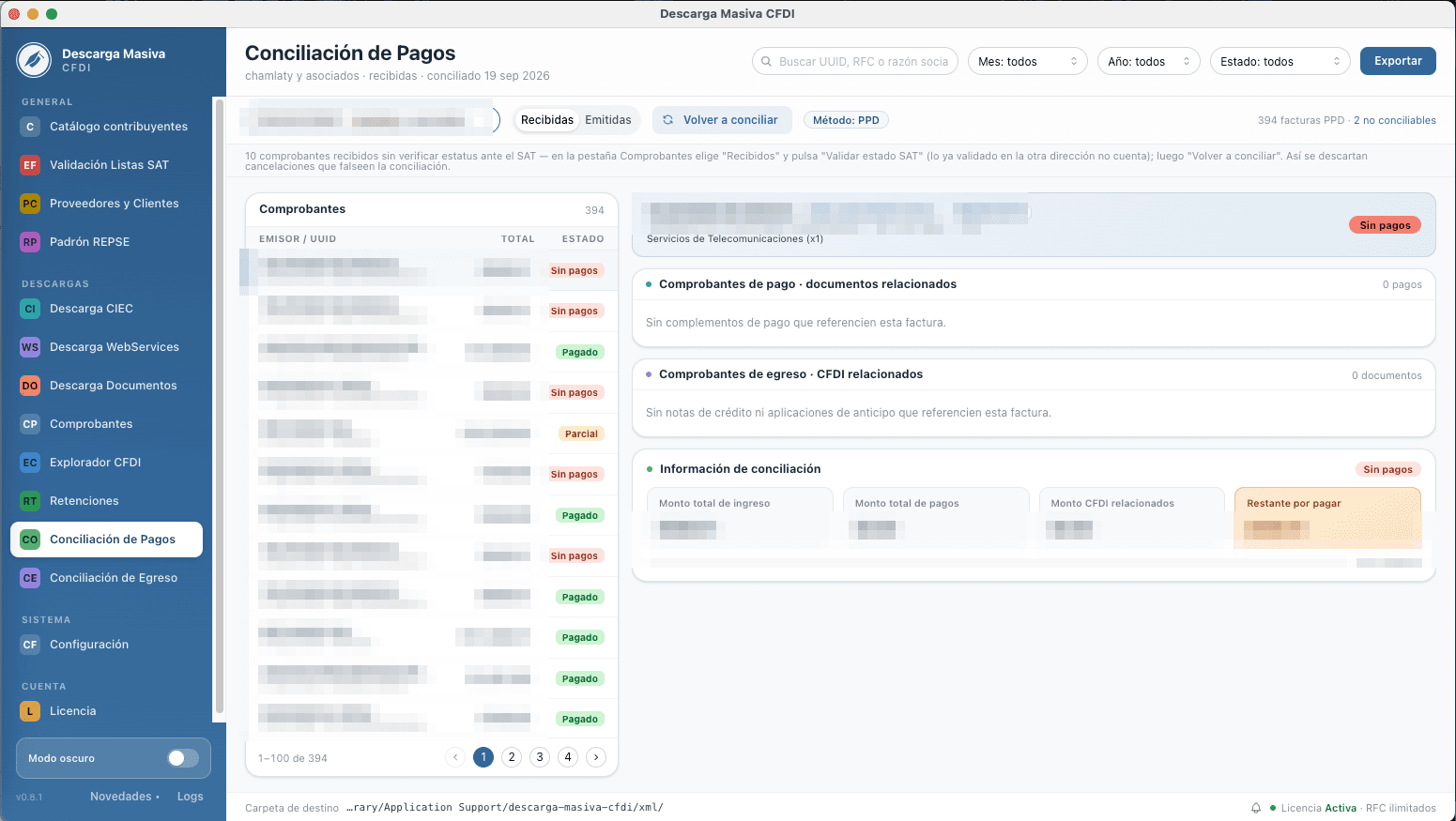 Pantalla de conciliación de pagos en Descarga Masiva CFDI
