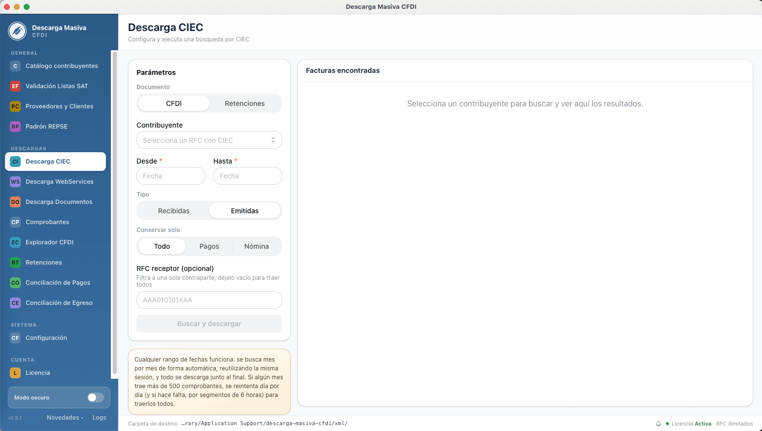 Configuración de descarga por CIEC con filtros de fecha y tipo