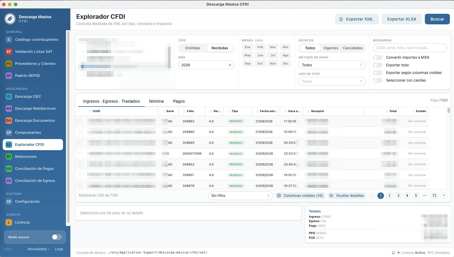 Explorador de CFDI con filtros por tipo, mes e impuesto