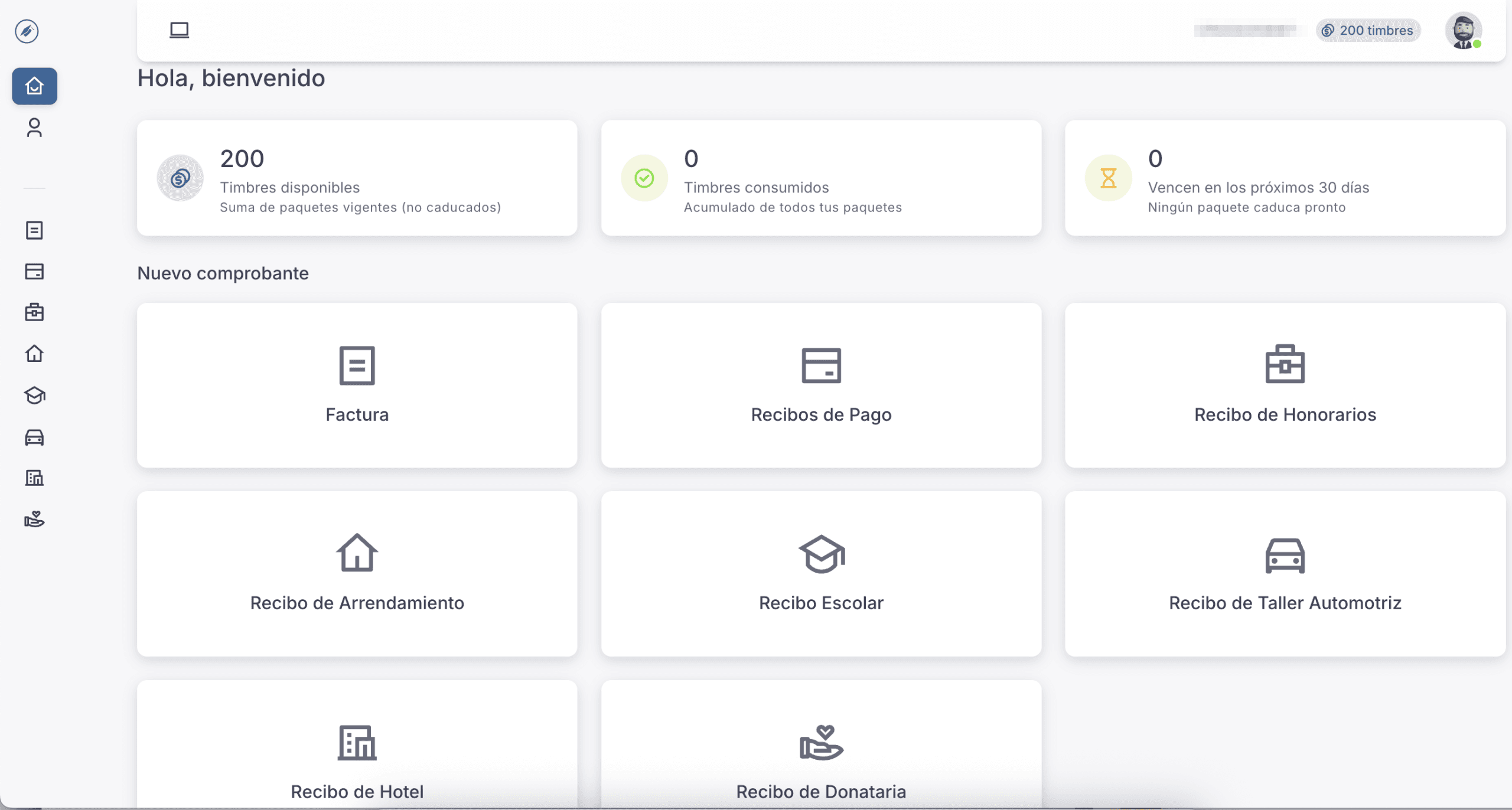 Panel de inicio de Facturas CFDI Web con paquetes de timbres y comprobantes